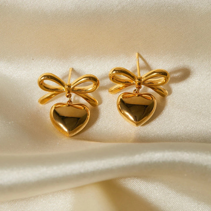 Bow & Heart Earrings - 18K Gold Plated