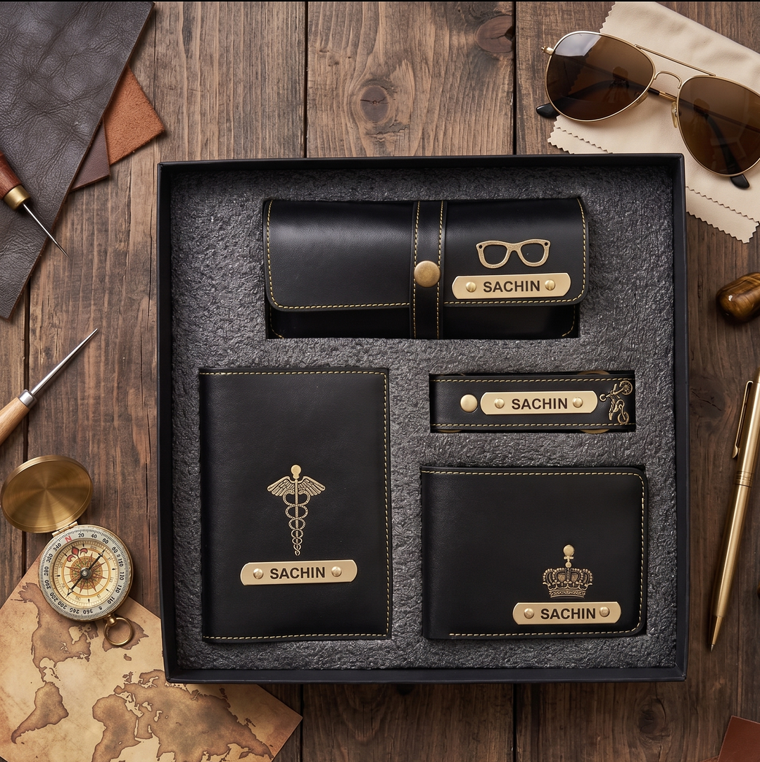 Personalised Men's Gift Set – Wallet, Eyewear Case, Keychain & Passport Cover