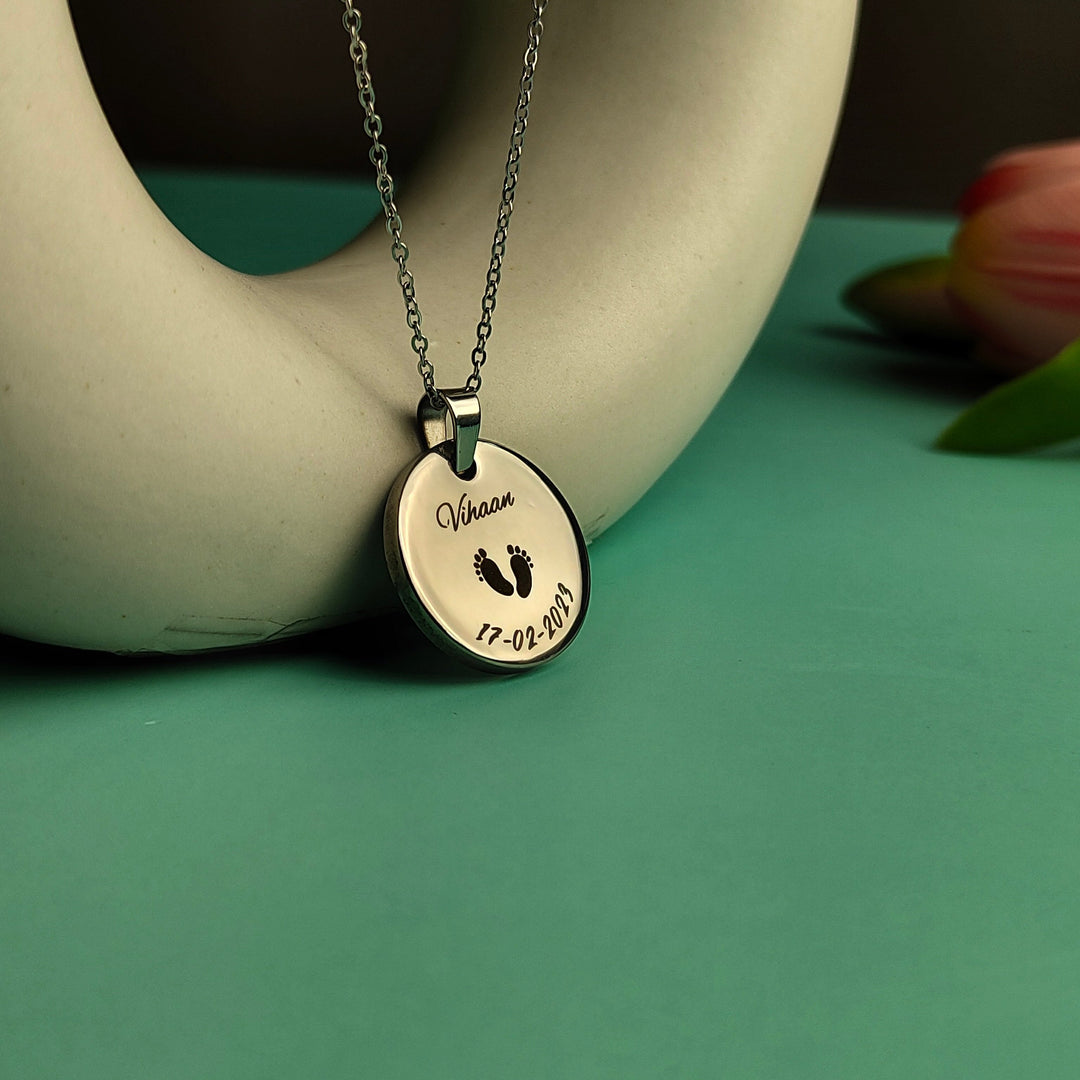 Engraved Baby Feet Pendant With Name DOB