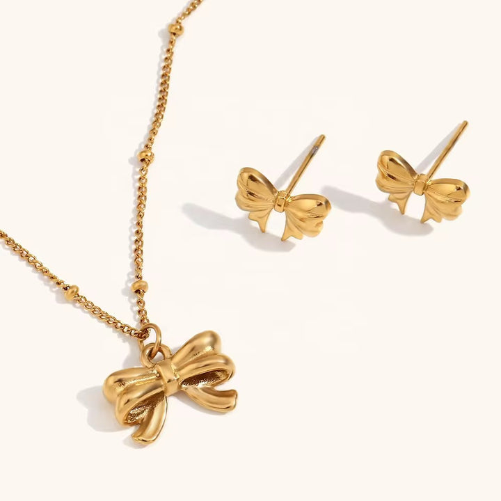 Bow Pendant and Studs Set - 18K Gold Plated